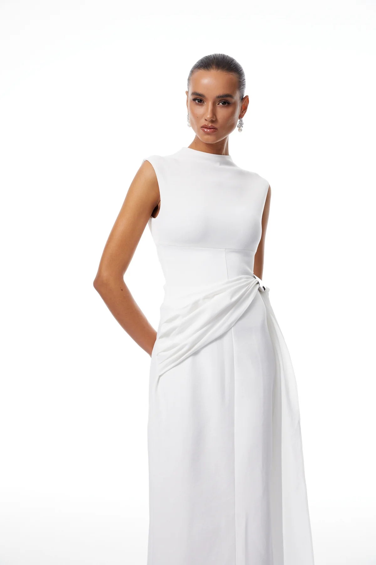 White Knit Panel Gathered Maxi Dress