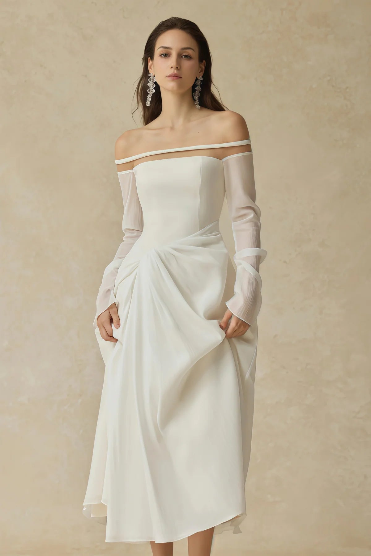 White Gathered Crepe Midi Dress