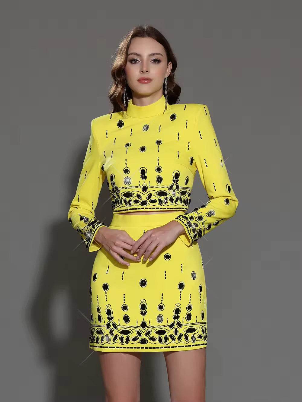 Stand Collar Long Sleeve Spliced Diamonds Top High Wiast Mini Skirt - REBECATHELABEL