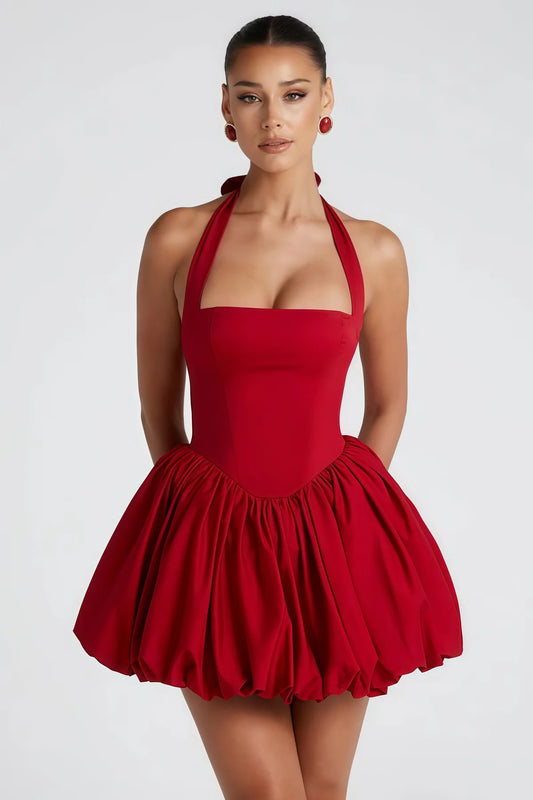 Red Shirred Puffball Mini Dress
