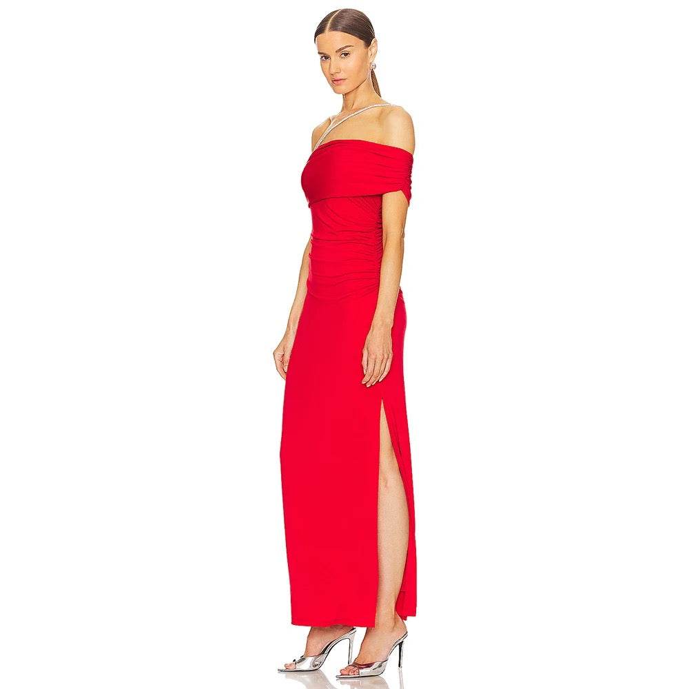 One Shoulder Tight Asymmetric Wrinkle Maxi Bandage Dress - REBECATHELABEL
