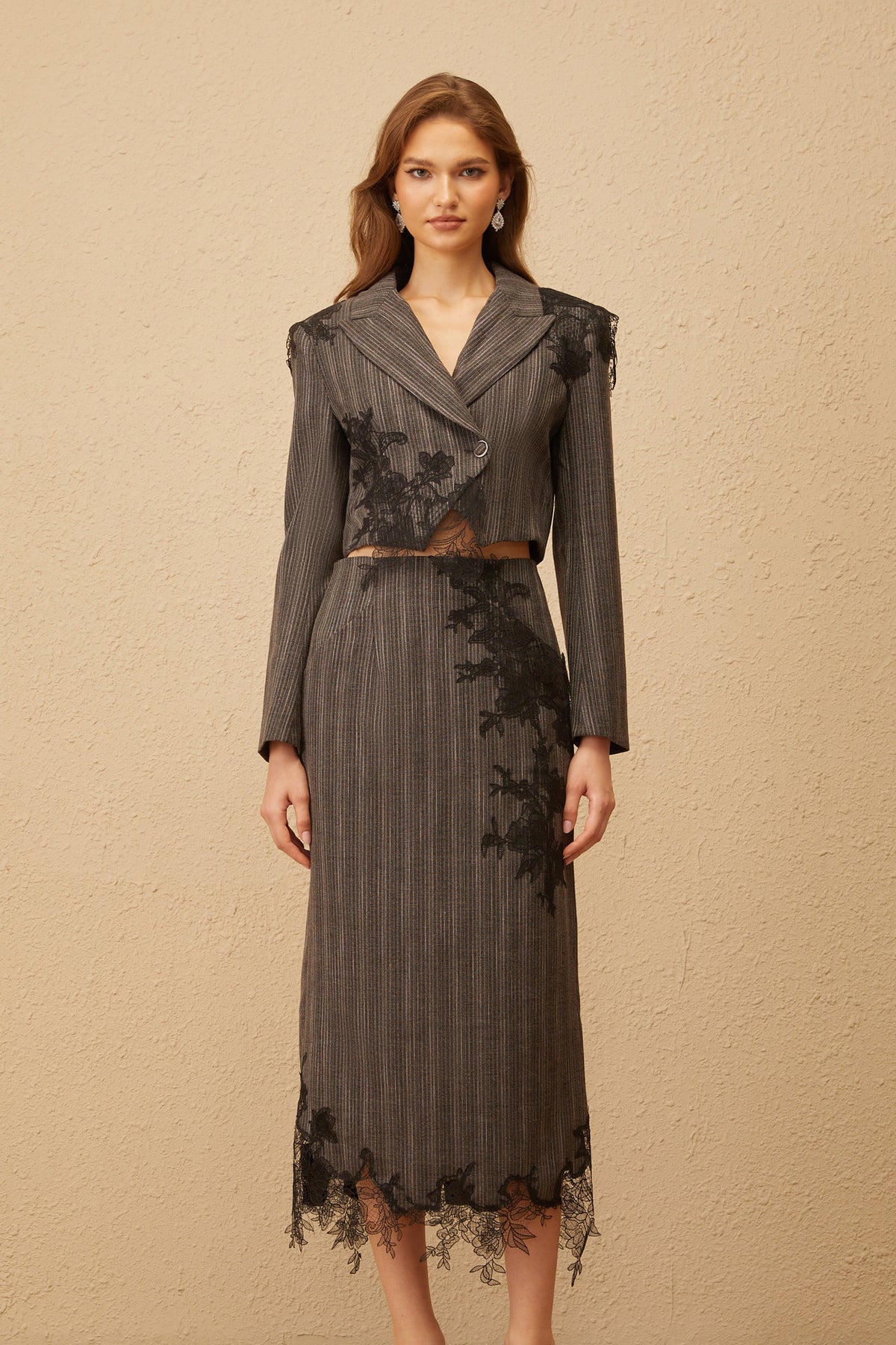 Grey Floral Appliqué Striped Blazer & Skirt Set