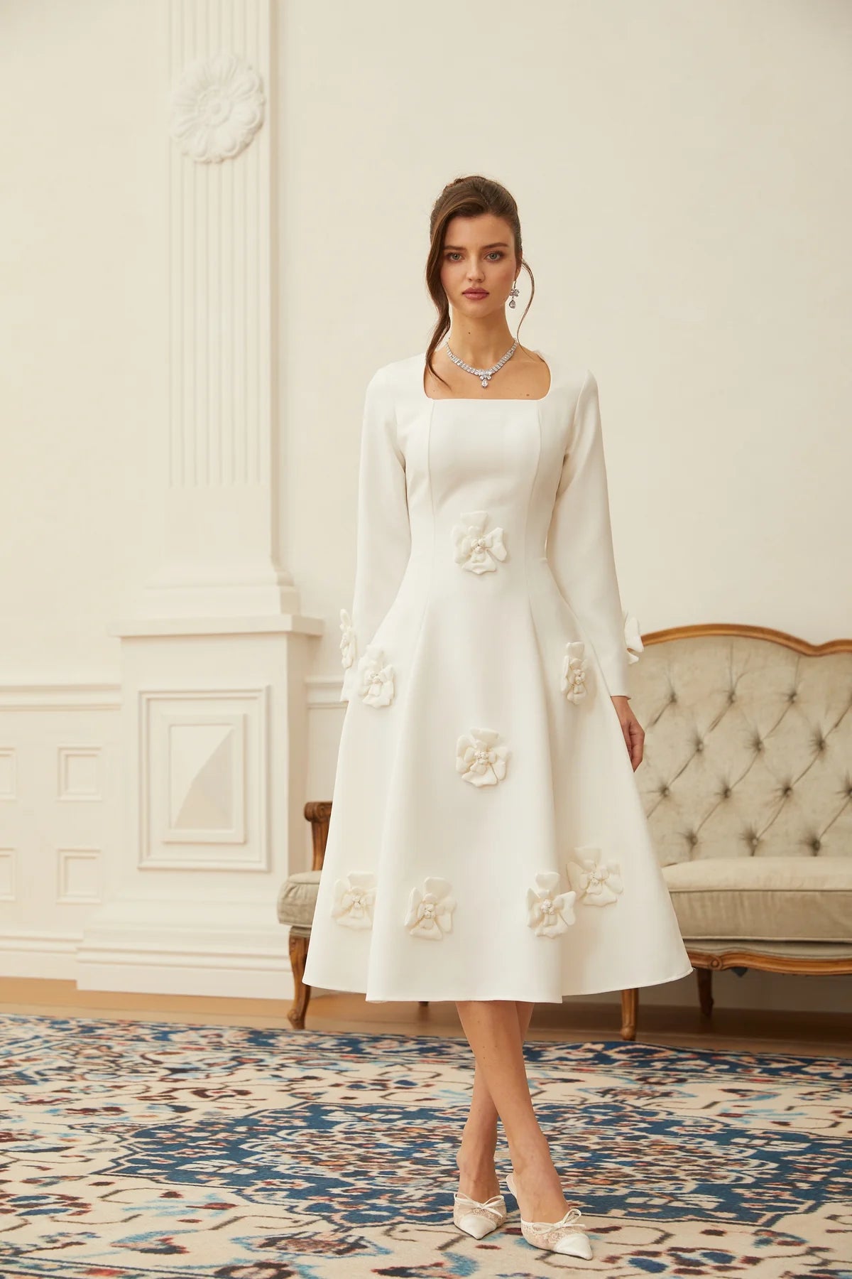 White 3D Petal Darted Midi Dress