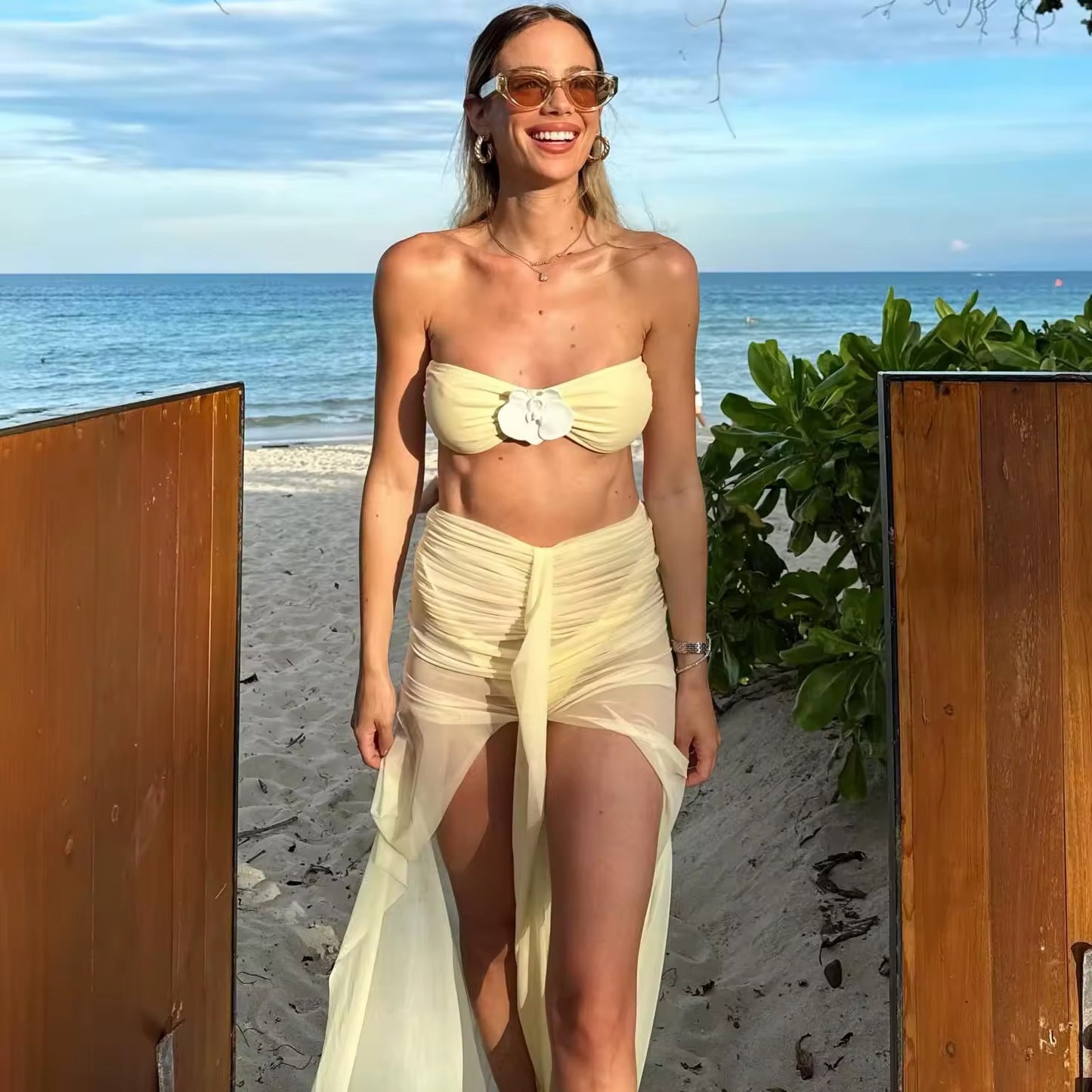 Yellow Bandeau Biquini Mesh Skirt Bathing Suit