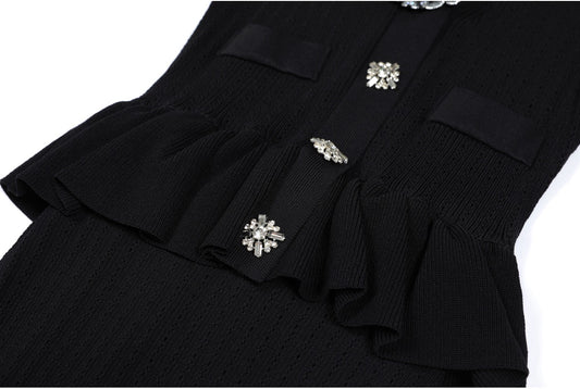 Knitted Collar Slim Fit Short Sleeved Three-dimensional Flower Button Long dress