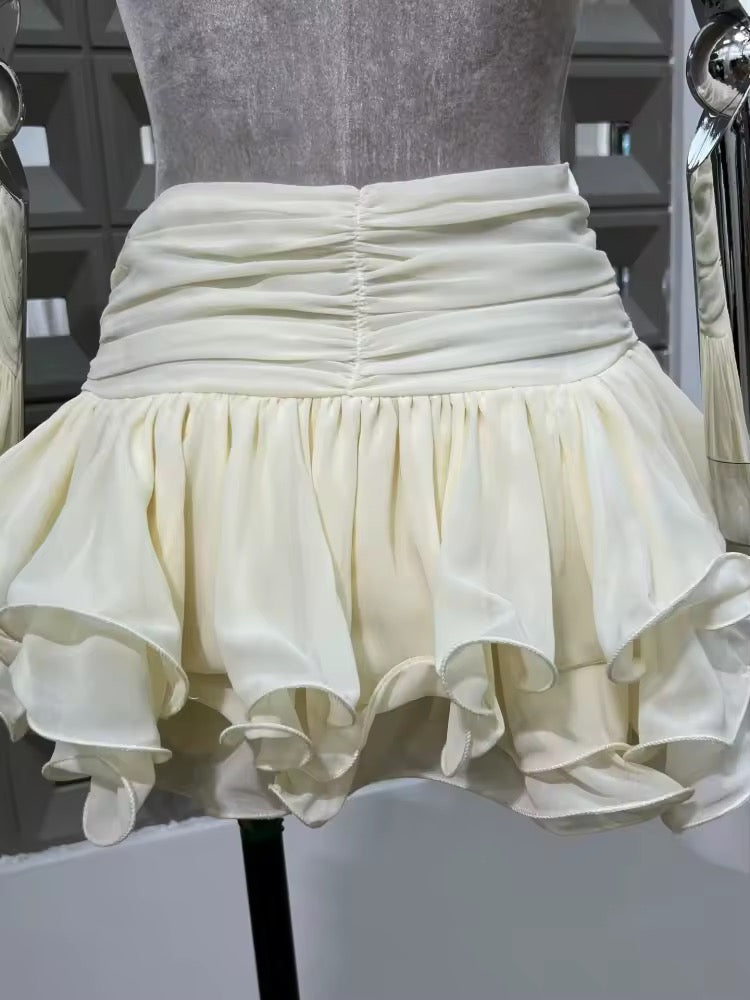 Culottes Two Piece Set Sexy Lace-up Ruffles Long Sleeves Top + Diamonds Mini Skirts Suits