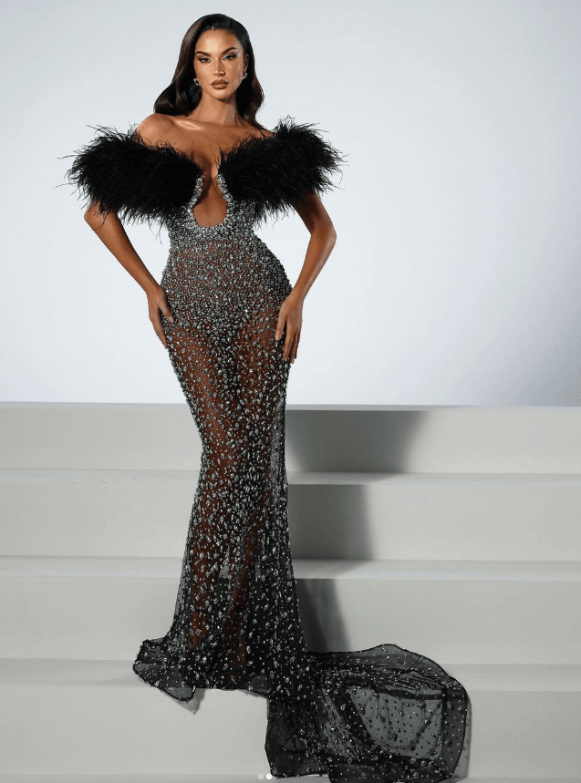 Yolanda feather floor Length dress - REBECATHELABEL