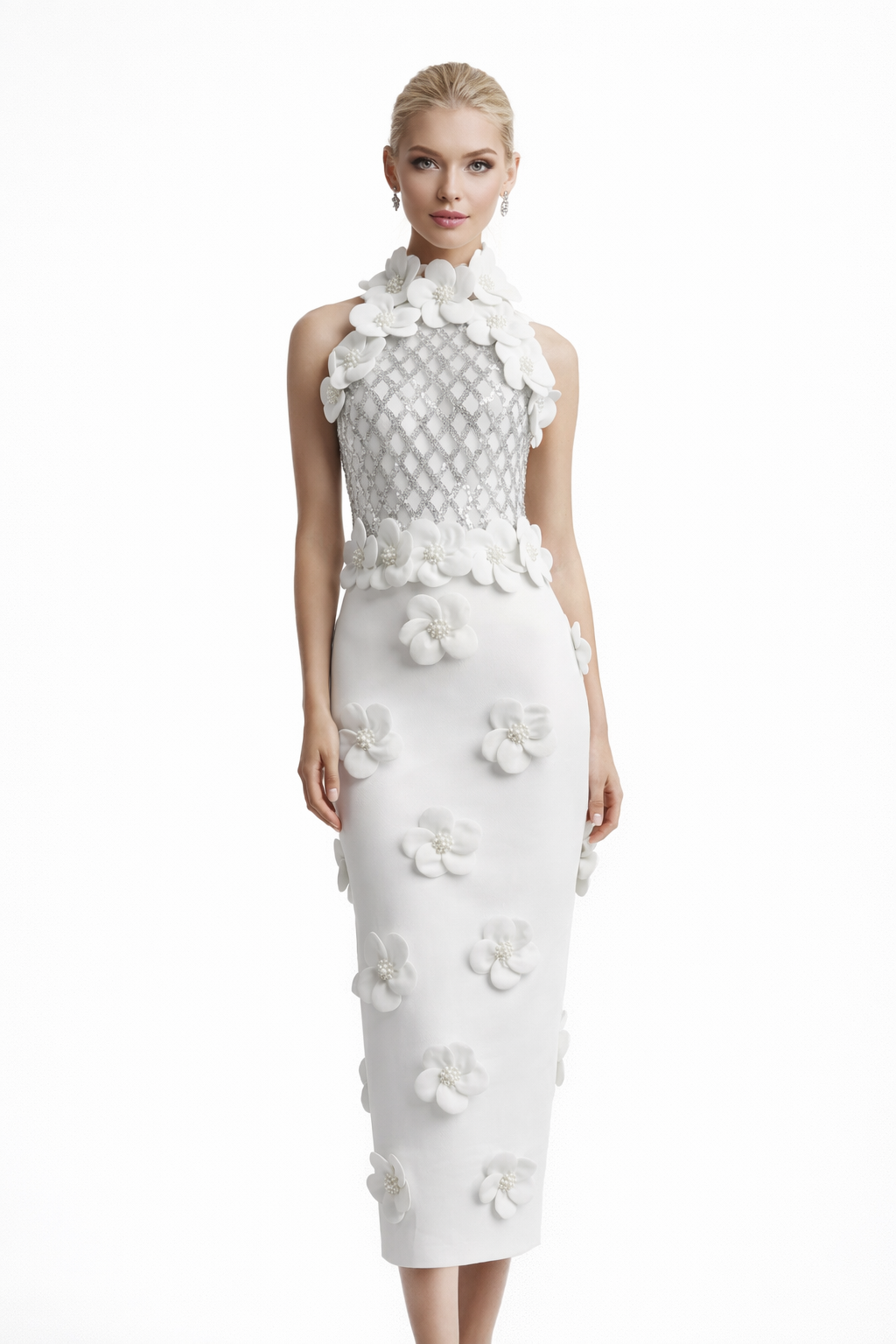 Floral Sequin Maxi Dress White