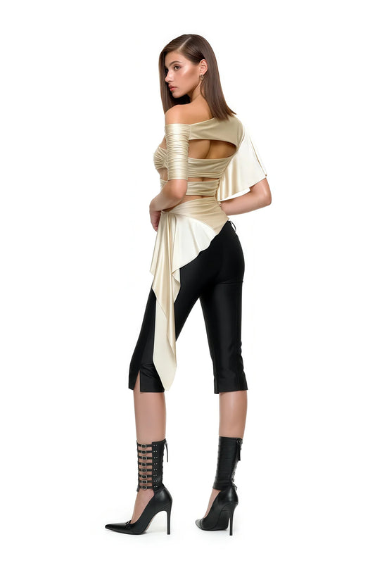 Beige Asymmetrical Cut Out Satin Top