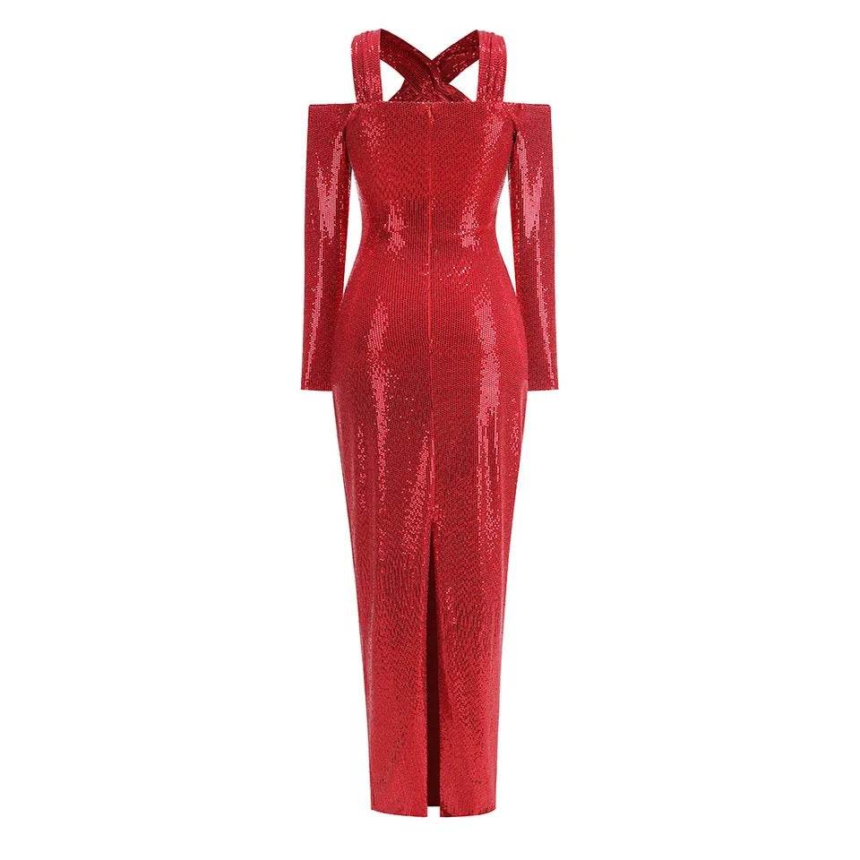 Red Sequins Sexy Hollow Tight Long Dress - REBECATHELABEL