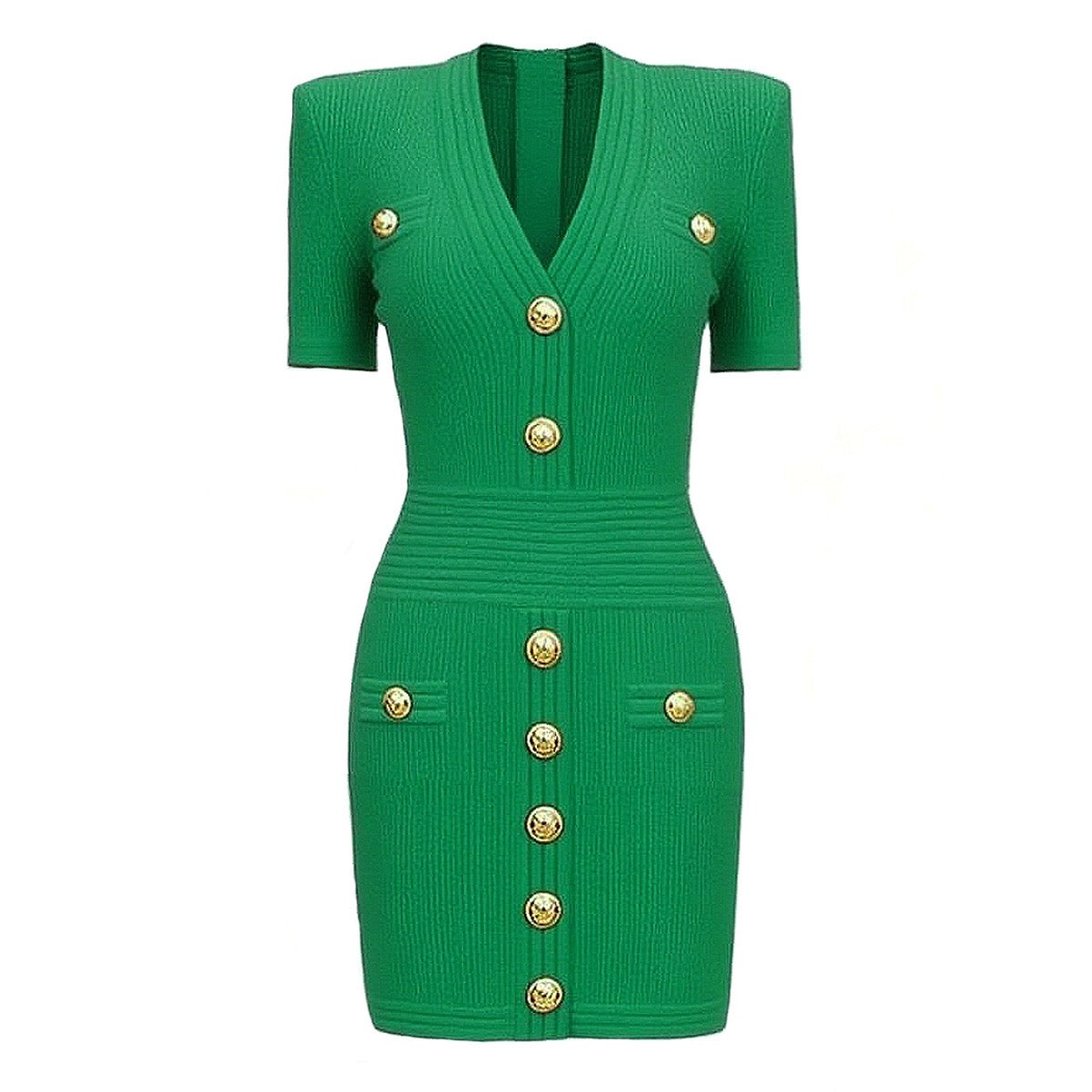 V-Neck Knitted Short Skirt With Rivet Buckle Short Sleeved dress