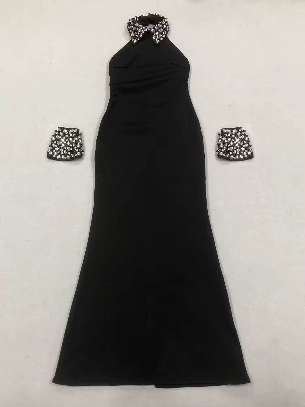 Black Bead Backless Long Bandage Dress - REBECATHELABEL