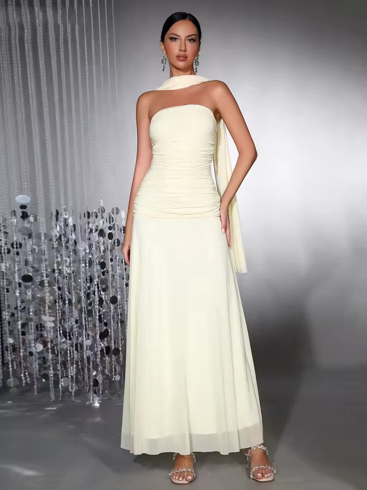 Strapless Ribbon Mesh Fold Maxi Dress