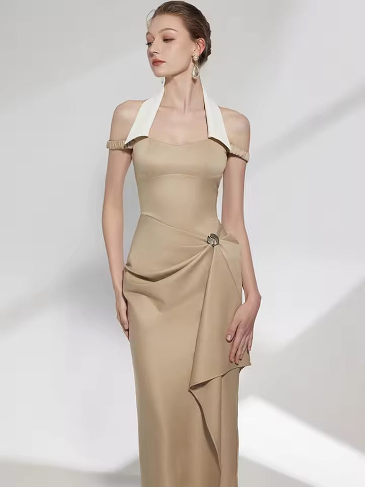 Halter Lapel Contrast Color Irregular Pleated dress