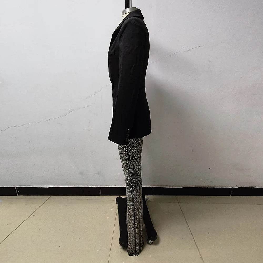 Two Piece diamond Long sleeved Double Button Suit Top set - REBECATHELABEL