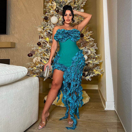 Strapless Ruffles Tassel Splicing Irregular dress - REBECATHELABEL