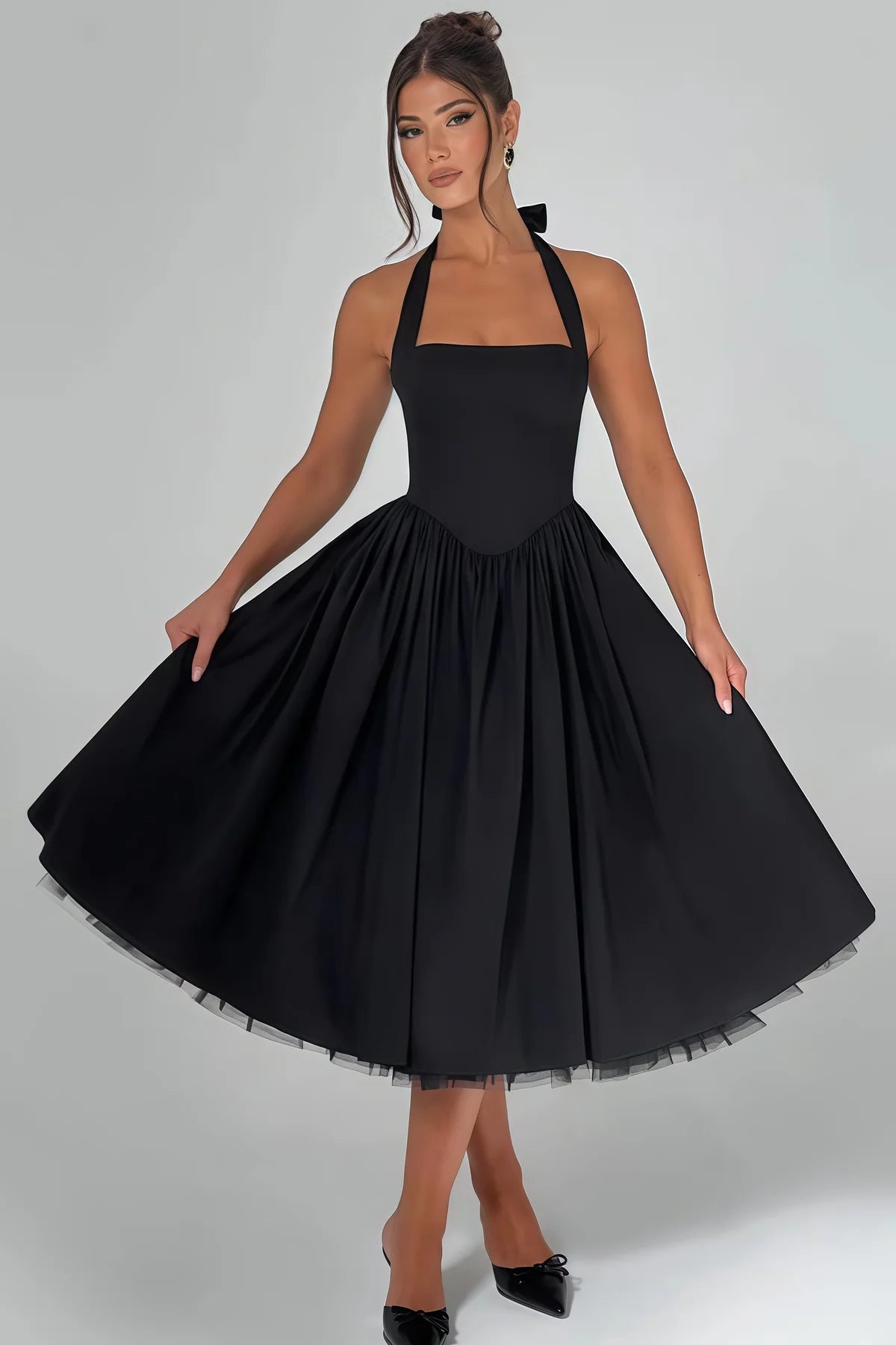 Black Layered Flared Hem Midi Dress