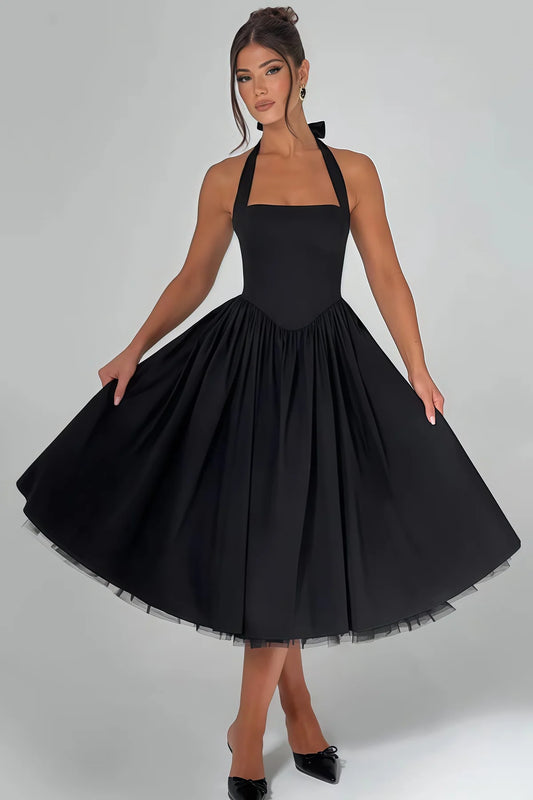 Black Layered Flared Hem Midi Dress
