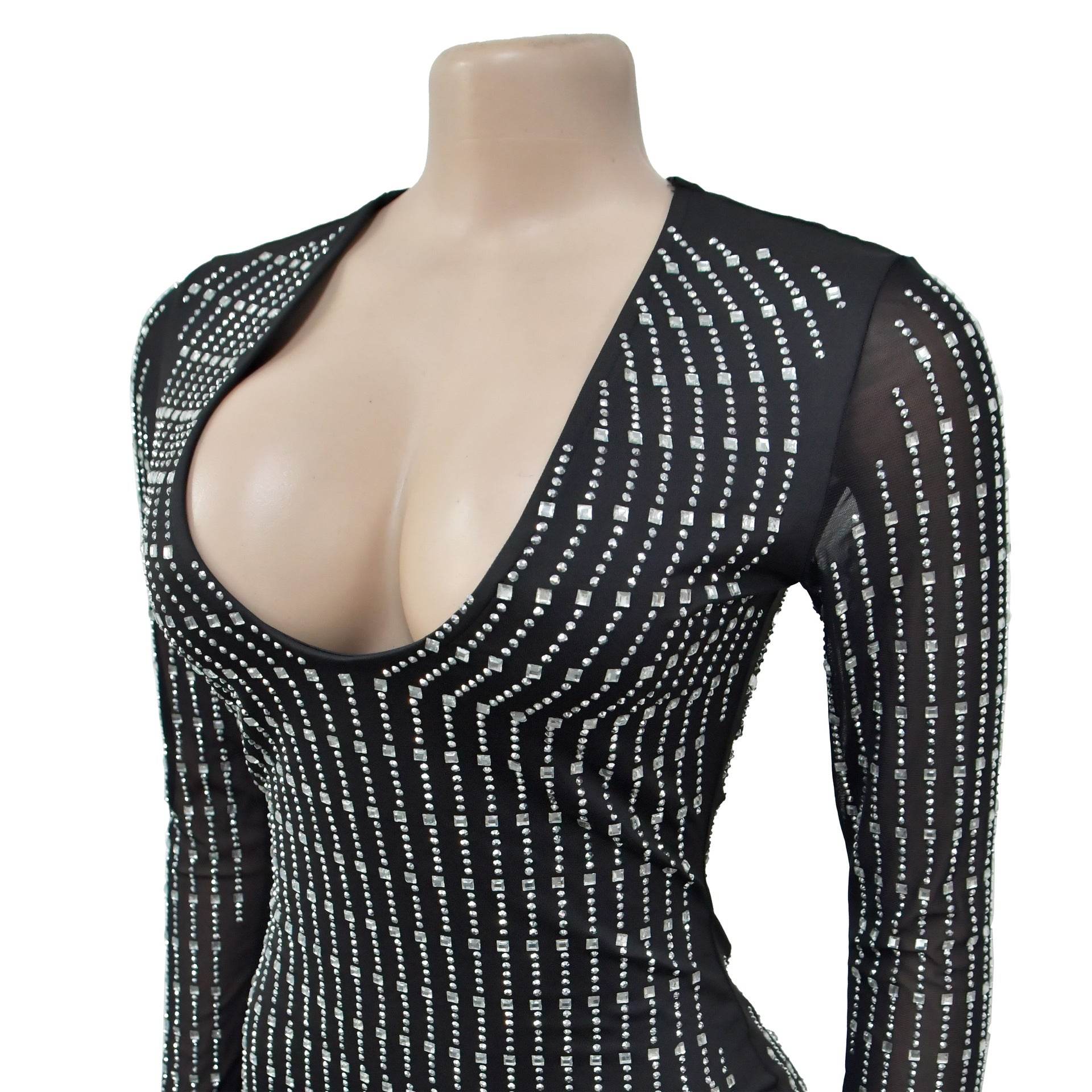 Mesh Rhinestone Long Sleeve Short Dress - REBECATHELABEL