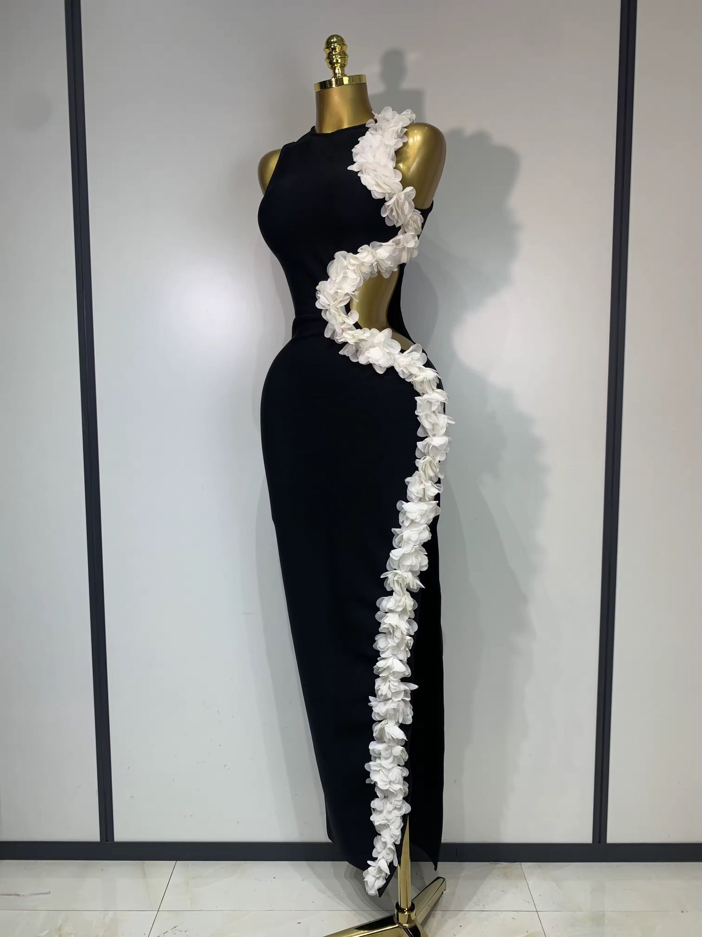 O Neck Flower Cut Out Maxi Long Bodycon Bandage Dress