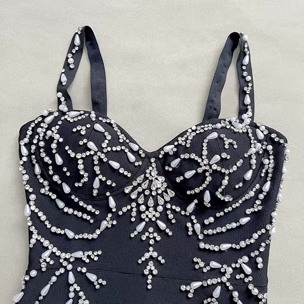 Diamond Beads Spaghetti Strap Backless Sexy Maxi Bandage Dress