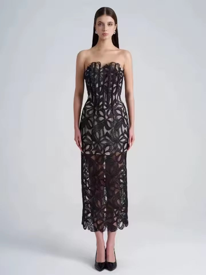 Strapless Floral Lace Maxi Dress