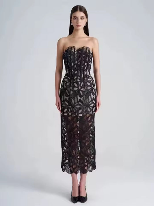 Strapless Floral Lace Maxi Dress