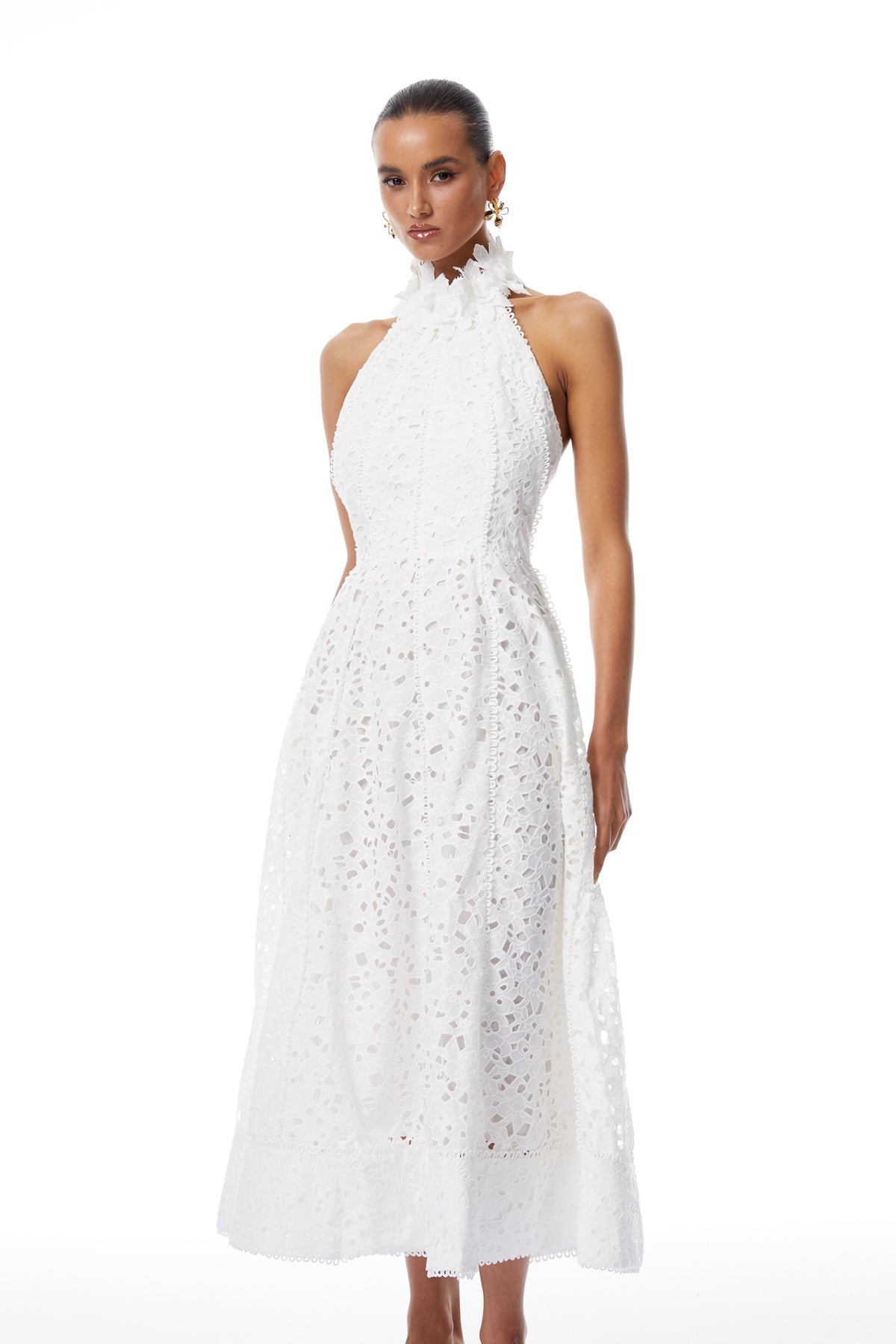 White Halterneck Corded Lace Midi Dress
