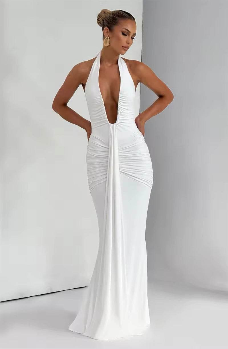 Deep V Neck Backless Ruched Sexy Maxi Dress - REBECATHELABEL