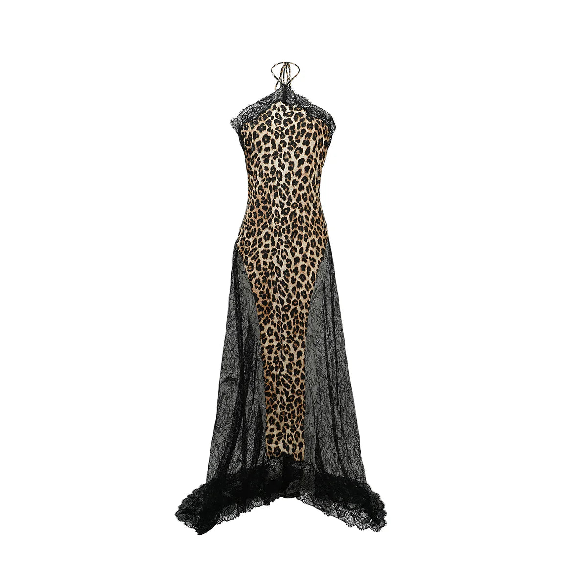 Brown Lace Panel Leopard Print Maxi Dress