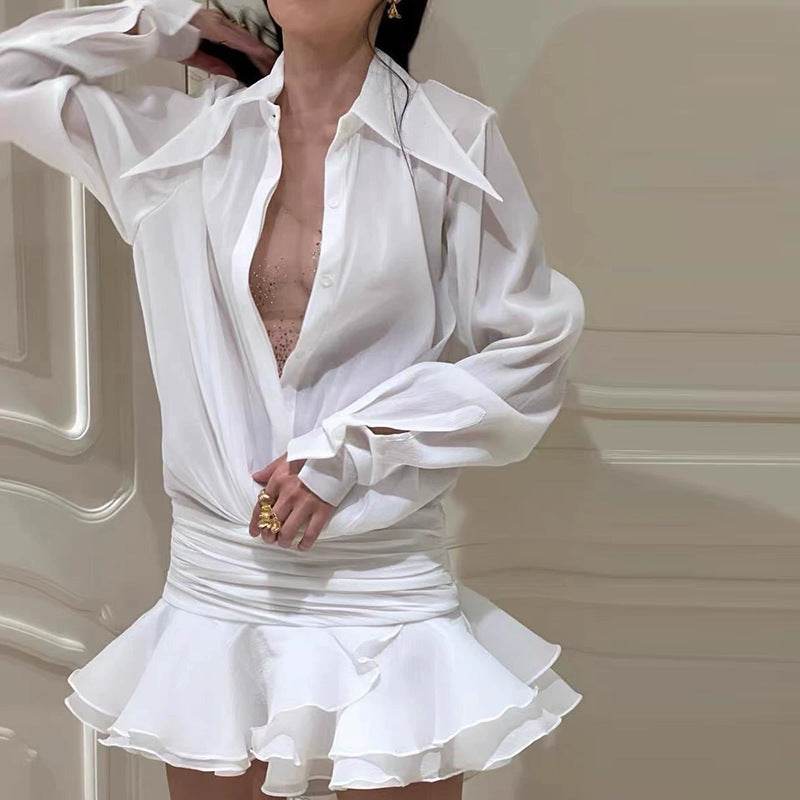 Polo Collar V Neck Flared Sleeves Voile Slim Fit Dress - REBECATHELABEL