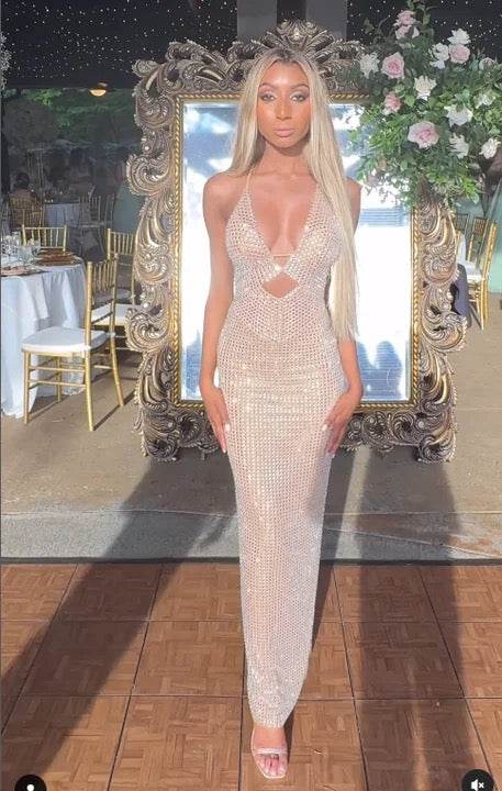 Khaki Sexy V-neck Hot Diamond Hollow Back Tight Maxi Dress - REBECATHELABEL