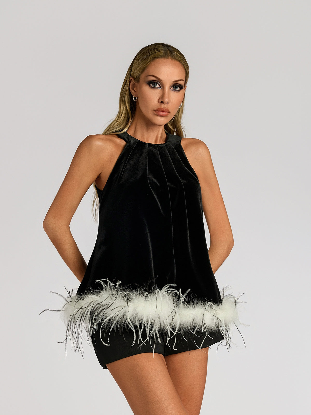 Halterneck Feather Velvet Top
