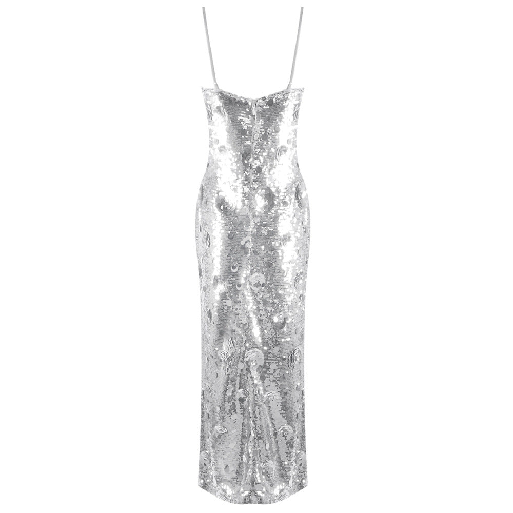 Silver Sequin Spaghetti Straps Evening Long Dress