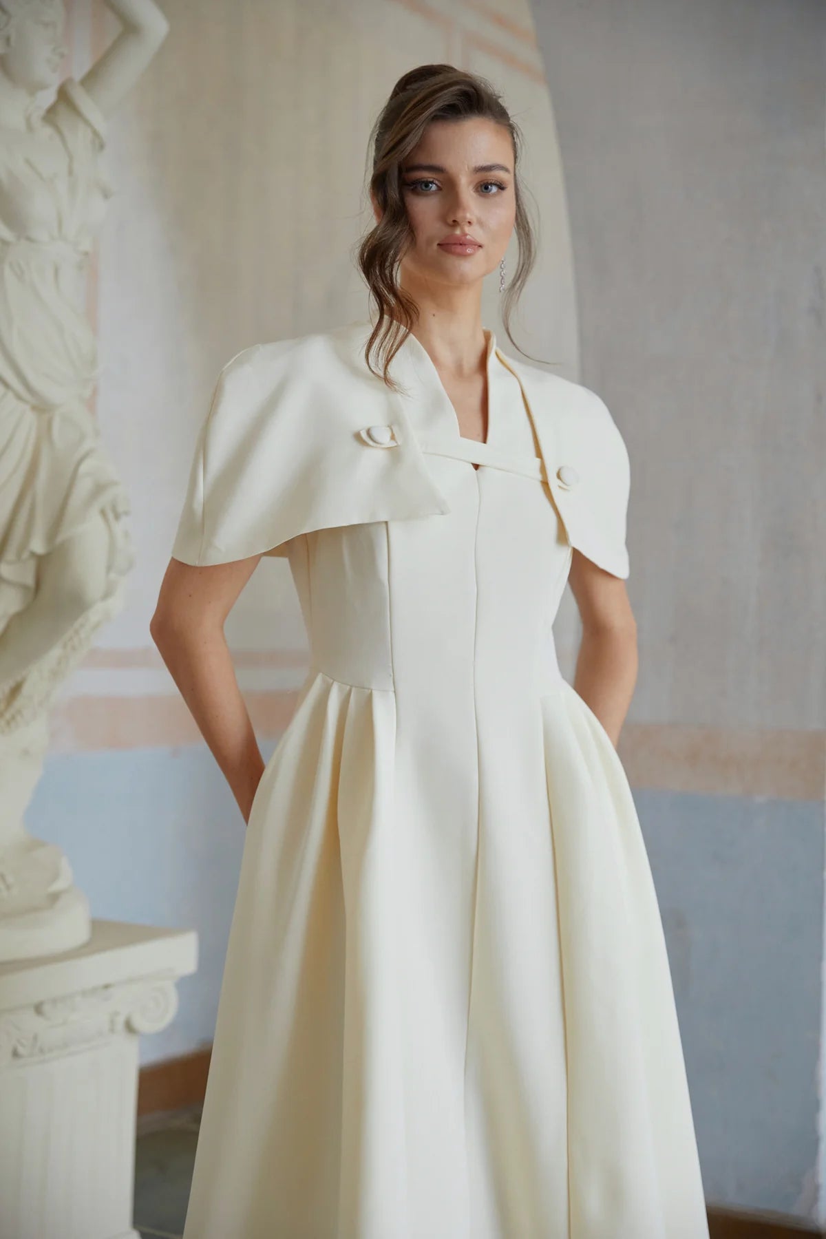 Neutral Shawl Detail Shirred Midi Dress