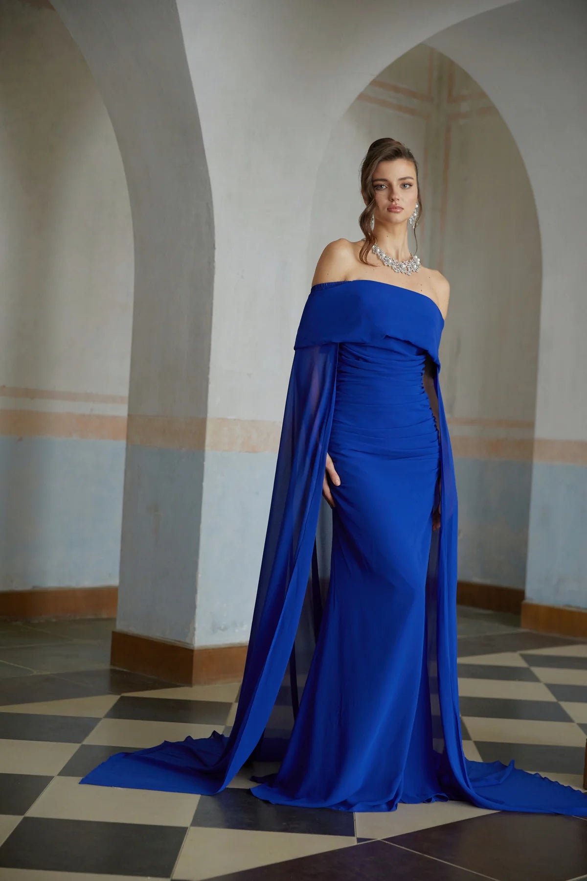 Blue Cape Design Ruched Maxi Gown
