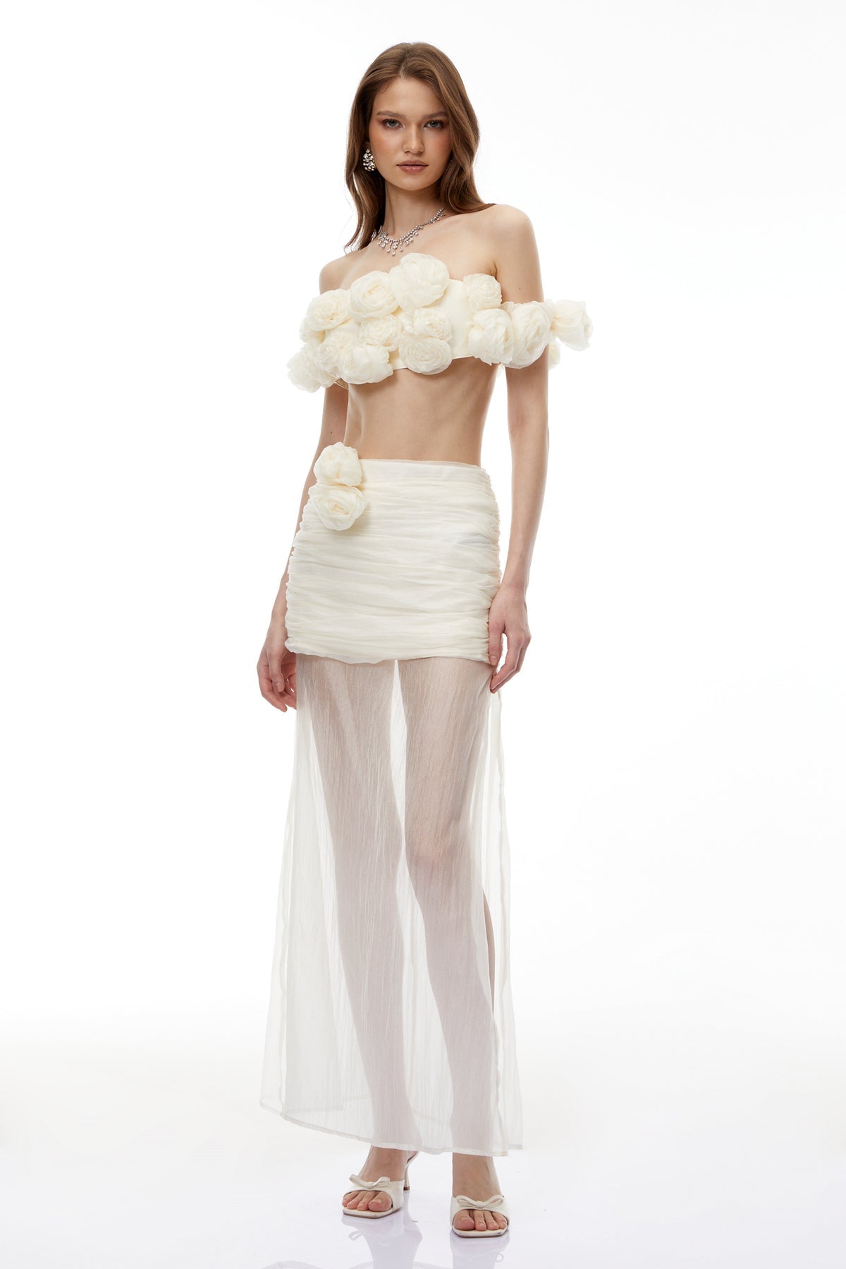 White Tulle Top & Skirt Set with 3D Florals