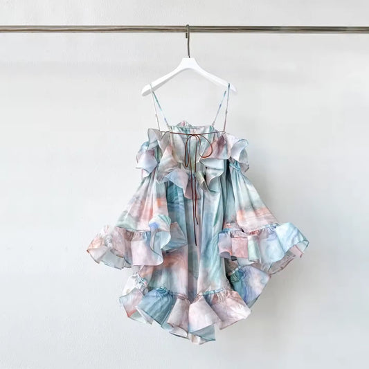 Vintage Print Ruffle Off-shoulder Mini Dresses