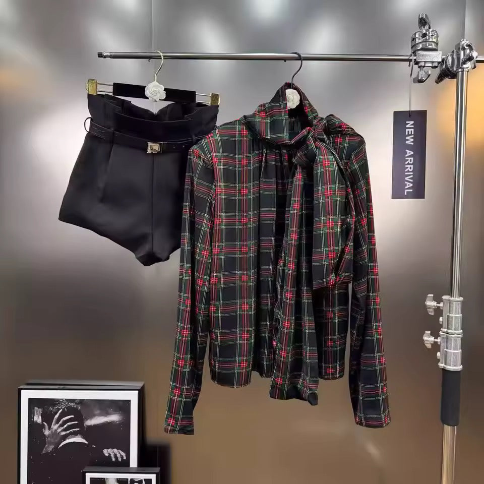 Tartan Plaid Scarf Shorts Set