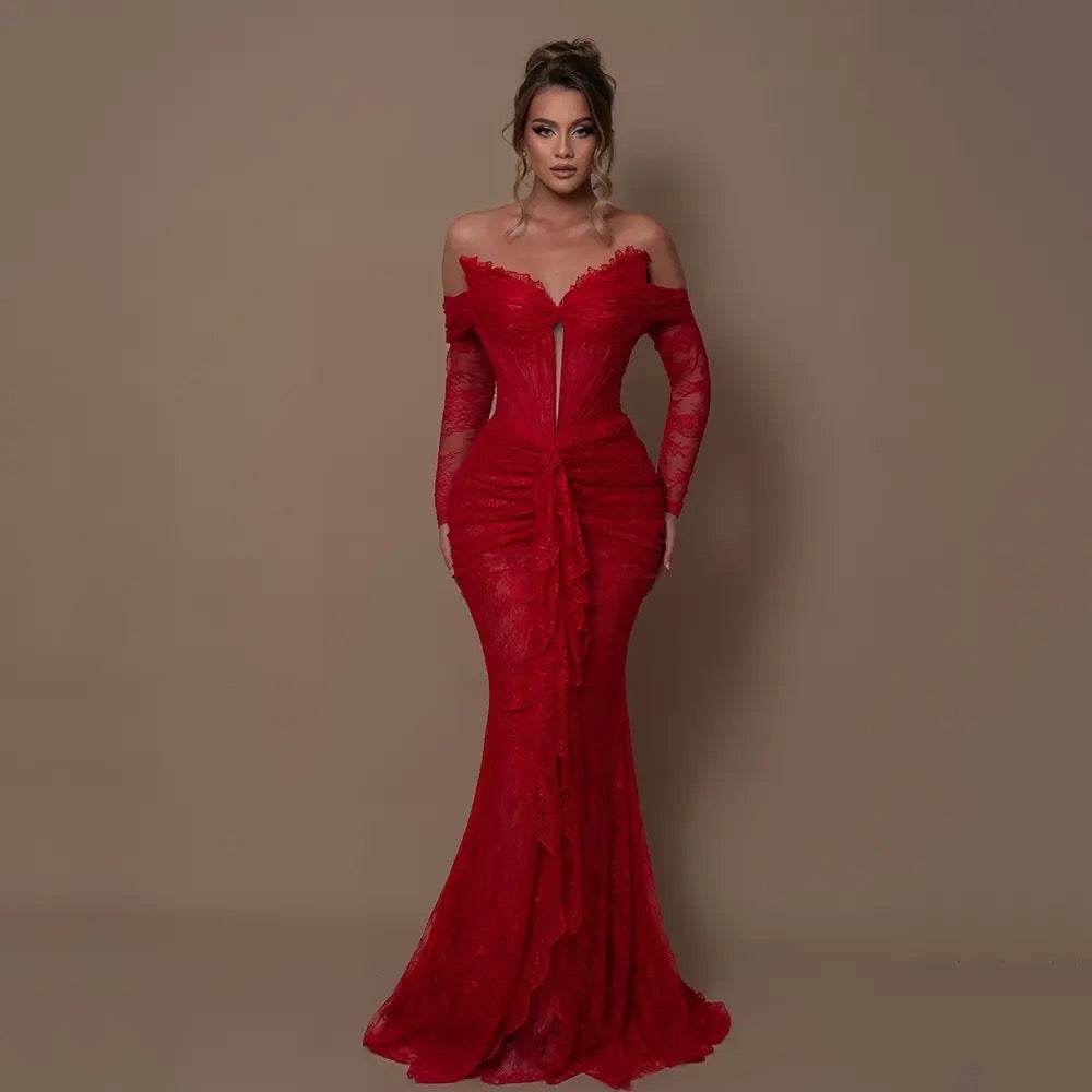 Strapless Lace Flower Pleated Long Dress - REBECATHELABEL