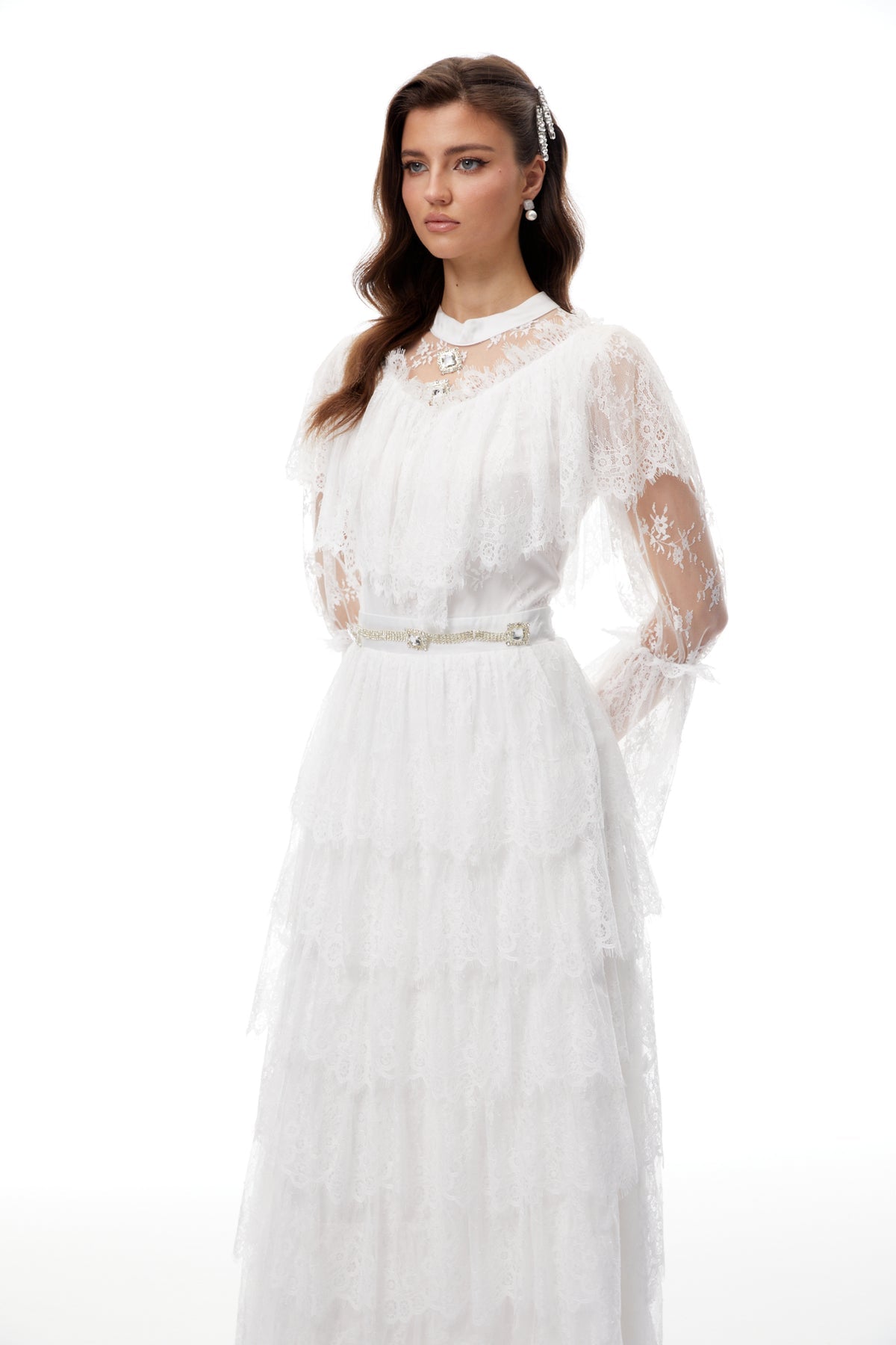 White Floral Lace Tiered Maxi Dress