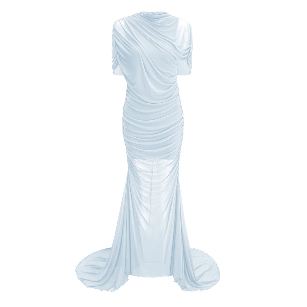 Blue Asymmetrical Ruched Mesh Maxi Dress