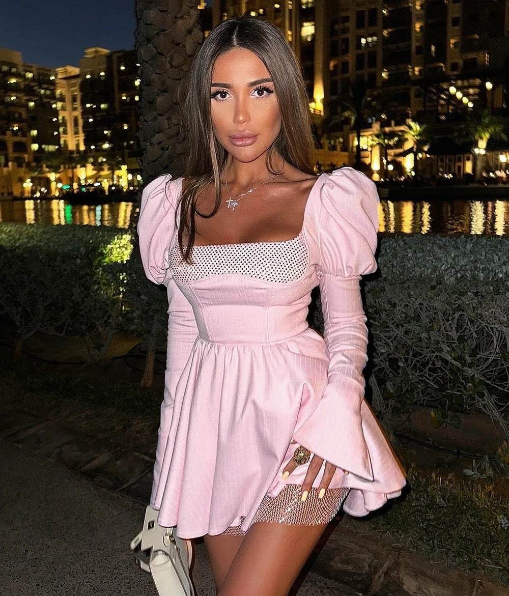 Pink Stripe A-line Diamond Sequins Long sleeved Sexy Mini Dress - REBECATHELABEL