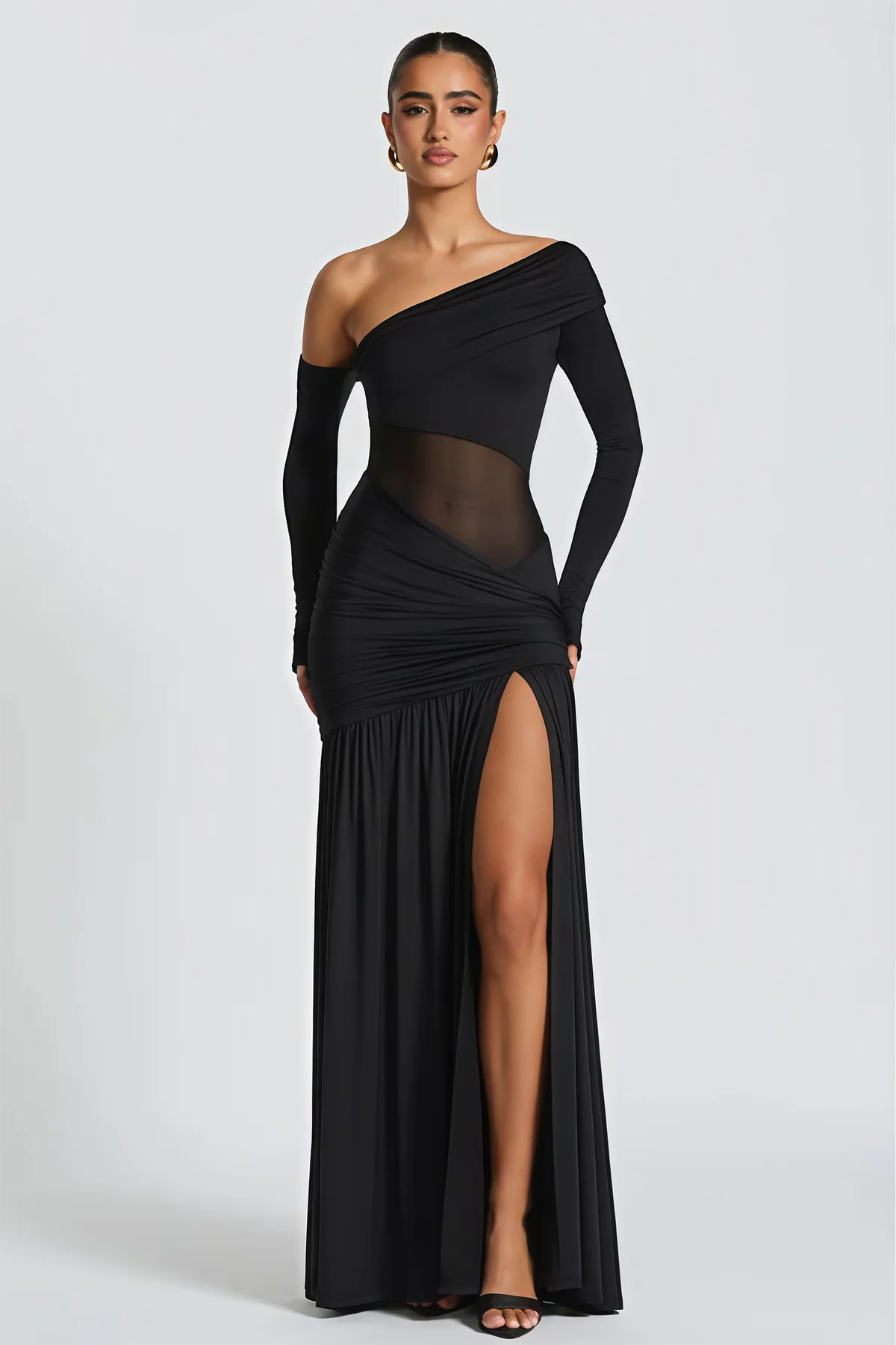 Black One Shoulder Gathered Maxi Dress