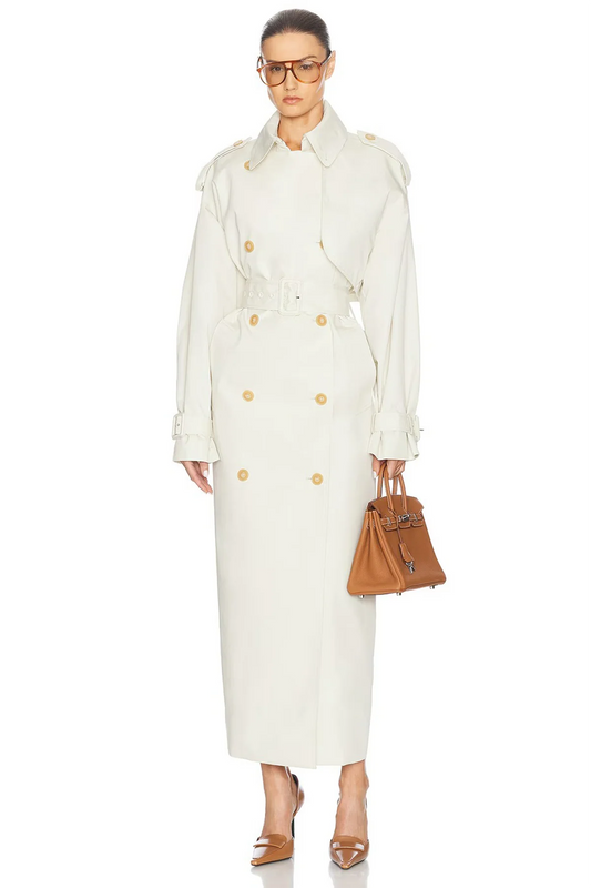 White Double-Breasted Long Trench Coat
