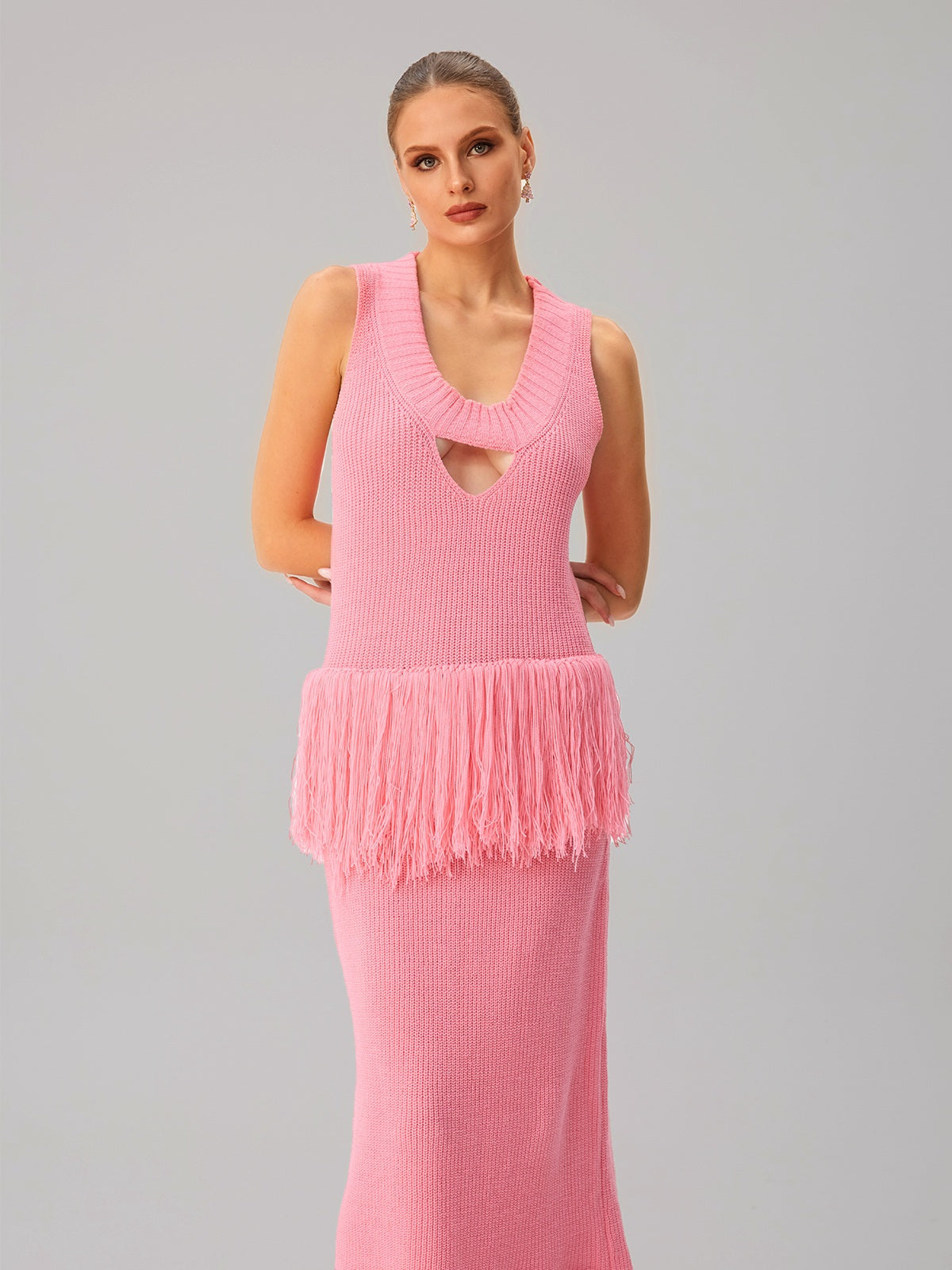 Sleeveless Fringe Knit Maxi Dress