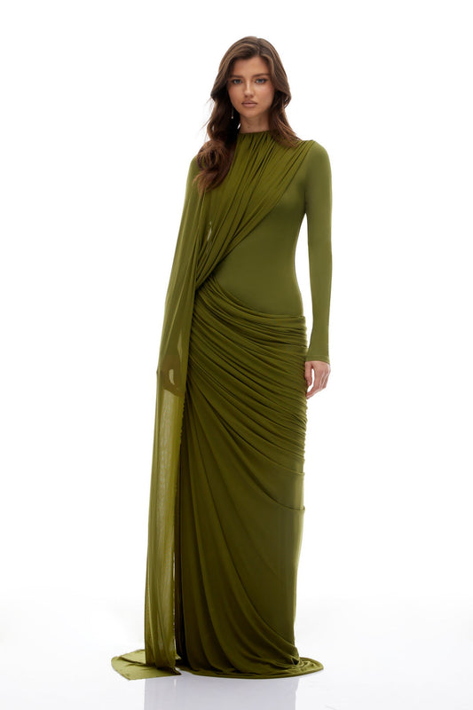 Green Asymmetrical Ribbon Draped Maxi Dress
