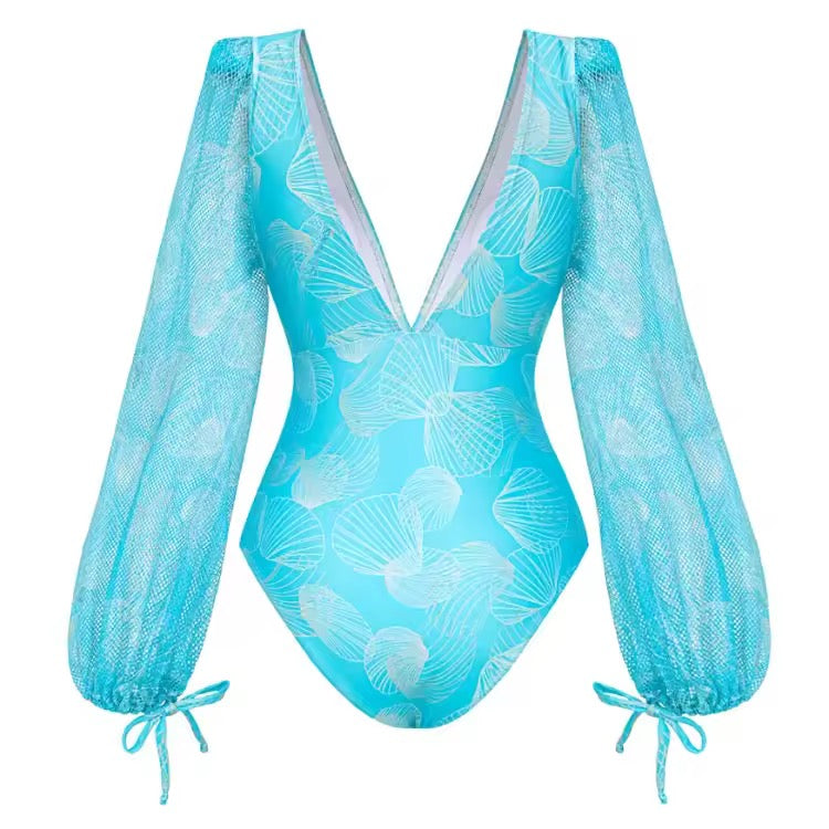 V Neck Shell Print Decor Long Sleeve One Piece Swimsuit and Skirt