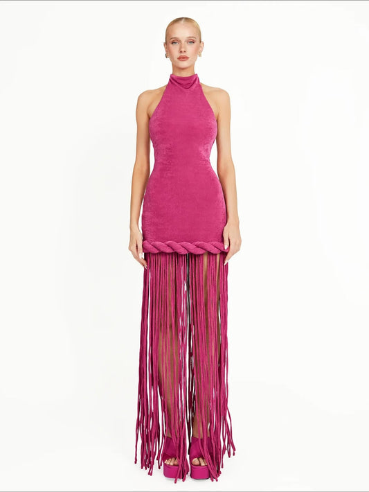 Open Collar Applique Twisted Tassel Long Dress