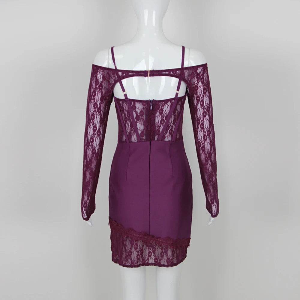 Off the Shoulder Long Sleeve Lace Mini Bandage Dress - REBECATHELABEL